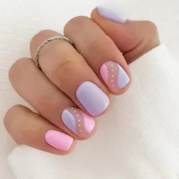 Короткие Круглые накладные ногти Модные цветы Аврора Французские накладные ногти Розовые Фиолетовые пятна Блестящие типсы для ногтей своими руками