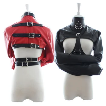 Красный / Черный Женский БДСМ-Бондаж, Открытая Грудь, Смирительная рубашка из искусственной кожи, Удерживающий Корсет, Куртка с длинными рукавами, Играющие Флиртующие Женщины