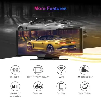 10,26-дюймовая автомобильная камера 4K Dash Cam Carplay Android Автоматическое зеркало заднего вида Видеозапись WIFI Петлевая запись автомобильного видеорегистратора