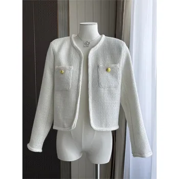 Белая элегантная женская куртка для пригородных поездок 2023 Осень / зима, высококачественное винтажное короткое пальто, женское рабочее пальто