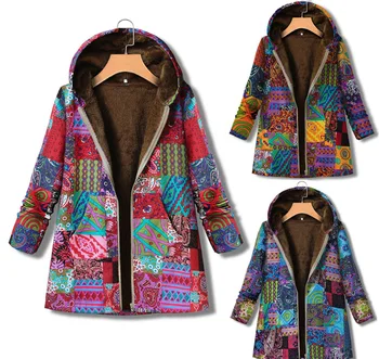 Пальто для женщин 2023, осень и зима, Новое хлопковое пальто из конопли, женское винтажное теплое пальто с утолщенной молнией и капюшоном с карманом с принтом