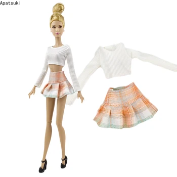 Модные наряды для куклы Барби, комплект одежды, белый укороченный топ, оранжевая юбка в клетку, Обувь для куклы Барби, аксессуары для куклы 1/6, детские игрушки