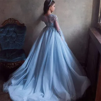 Элегантные свадебные платья с длинными рукавами для девочек в цветочек, иллюзия принцессы, тюлевые аппликации, нарядные платья для первого причастия
