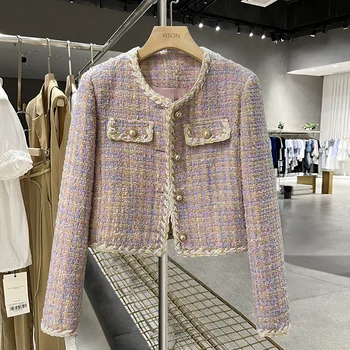 Женское осеннее новое Корейское модное розовое пальто с небольшим ароматом, круглый вырез, длинный рукав, простая базовая милая женская твидовая куртка 1688 г.
