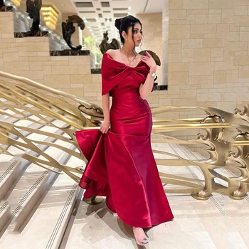 UZN Красные платья русалки для выпускного вечера с открытыми плечами, вечернее платье с короткими рукавами, Атласные платья для вечеринок из Саудовской Аравии, индивидуальный размер