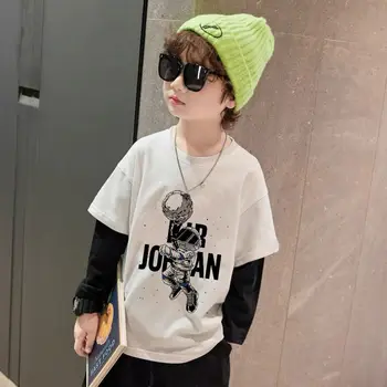 Детская одежда для мальчиков, футболка с длинными рукавами, топ из двух предметов с мультяшным принтом, натуральная хлопчатобумажная ткань, весна-осень, от 4 до 12 лет