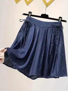 Плюс размер, женские Летние Свободные повседневные джинсовые шорты трапециевидной формы с высокой талией и завязками, Широкие брюки, тонкие женские мини-джинсы, уличная одежда