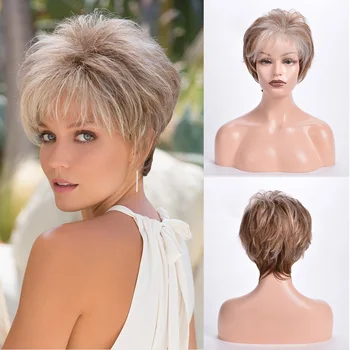 Короткие парики OUCEY Mixed Blonde Brown для женщин, Термостойкий синтетический парик, Искусственные парики из искусственных волос, вырезанные Пикси