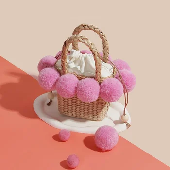 Розовая плетеная сумка ручной работы с комочком шерсти, сумка с косым крестом в виде травы для девочек, дорожная фотография, Пляжная маленькая квадратная сумка