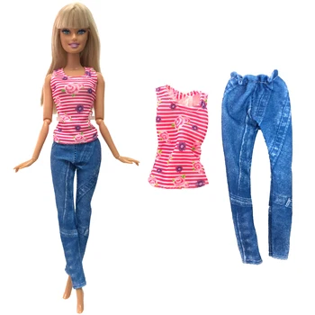Новое Кукольное платье, Розовая полосатая рубашка с принтом, Модные повседневные джинсы для куклы Барби, аксессуары, Детские игрушки, подарок для девочек