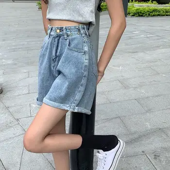 летние джинсовые брюки женские 2023 harajuku корейская мода винтажные джинсы с завивкой на пуговицах и высокой талией брюки для женщин шорты женские