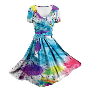 Женское летнее красочное платье с граффити из двух частей с 3D принтом, платье с карманами, женские платья 02