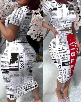 Женский комплект юбок 2023, Весенний укороченный топ с газетным принтом, круглый вырез, короткие рукава, комплект юбок с завышенной талией, костюм-двойка, уличная одежда