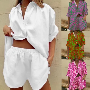 Элегантные женские комплекты, свободная блузка + шорты, двойка, Летние женские повседневные костюмы для дома с контрастными вставками 2023 года, S-XXL