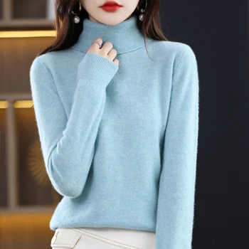 Осенне-зимний новый 100% аутентичный женский свитер с высоким воротом, свободный однотонный свитер большого размера, трикотажная нижняя рубашка.
