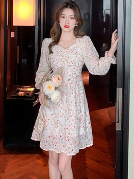 Весна осень партия цветочные шифоновое платье женщин бисером и события шикарный квадратный воротник платье выпускного вечера 2023 корейские элегантные милые платья