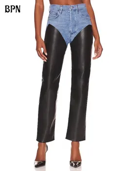 BPN Хитовый цвет Лоскутных кожаных джинсов Женские джинсовые брюки с высокой талией и карманами, прямые брюки из денима Новая женская модная одежда