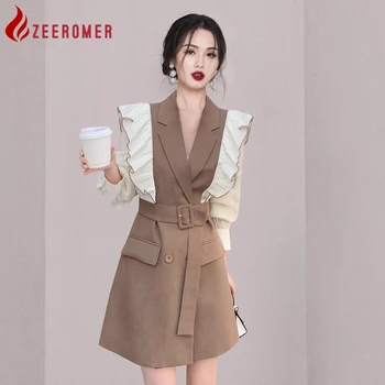 ZEEROMER 2023 Осеннее Корейское модное Офисное платье-блейзер в стиле пэчворк, Женский костюм, воротник, двубортный пояс, мини-платье с рюшами, вечернее платье