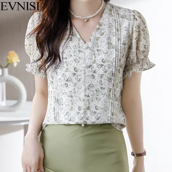 EVNISI, женская шифоновая блузка с цветочным принтом, рукава принцессы, Летние повседневные топы, Элегантная офисная рубашка с V-образным вырезом Для женщин, блузка