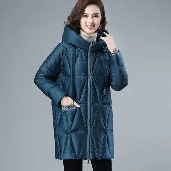 2023 Женские зимние яркие пуховики средней длины с капюшоном, хлопчатобумажные куртки, Элегантные парки для мамы, стеганая куртка, теплая хлопчатобумажная куртка, пальто