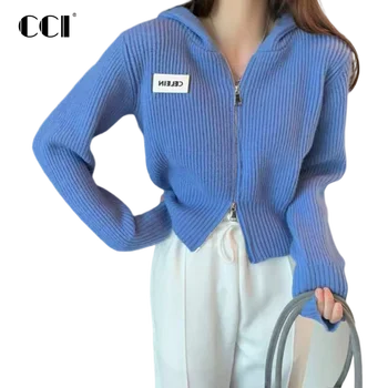 Женские кардиганы CCI с капюшоном, однотонный свитер на молнии Y2k, полиэстер, стандартный офисный женский кардиган, трикотажные изделия YJ037S Promotion