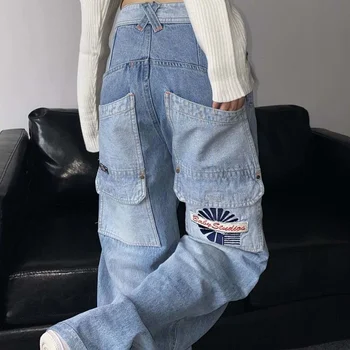 Джинсы с вышивкой в стиле American Street в стиле унисекс, винтажный дизайн с несколькими карманами, выстиранная пара, свободные универсальные джинсовые брюки с градиентом