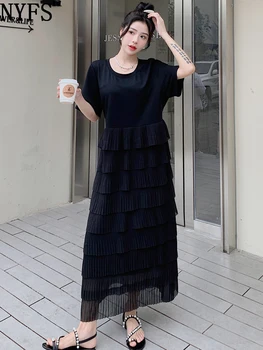 2023 Летнее Новое Корейское Женское Платье Vestidos Robe Elbise Свободного Кроя, Большие Размеры, С Коротким Рукавом, Черные Длинные Платья