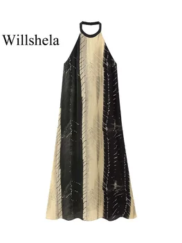 Willshela Женское плиссированное платье Миди с модным принтом и открытой спиной, винтажные женские шикарные платья