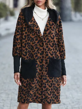 Демисезонный Женский Свободный пэчворк с леопардовым принтом, черное пальто из искусственного меха для дам, модный однобортный пиджак