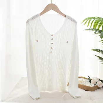 Lafarvie, 100% шерстяной свитер с вырезами, женский пуловер с V-образным вырезом, рубашка свободного кроя, весна-лето, длинные рукава с резьбой.