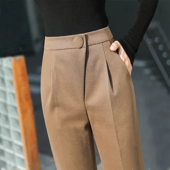 2021 Новая версия укороченных узких брюк с высокой талией, прямые повседневные брюки с зауженными краями, Шерстяные шаровары, Женская осенне-зимняя одежда