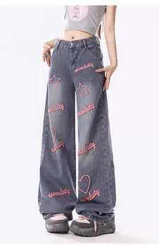 Американские винтажные прямые джинсы в стиле гранж с высокой талией, брюки с вышивкой, женские повседневные мешковатые джинсовые брюки в уличном стиле Y2K