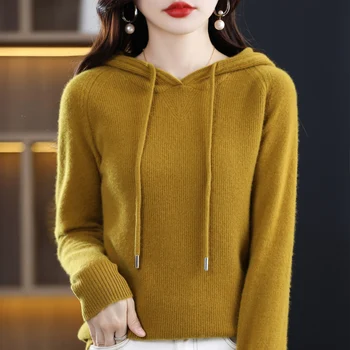 Шерстяная нижняя рубашка с осенне-зимним свитером, новый женский свитер с капюшоном в западном стиле, свободный повседневный топ