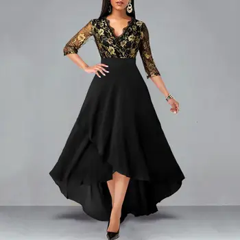 Длинное платье Элегантное макси-платье с V-образным вырезом, кружевные рукава с цветочной вышивкой, Трапециевидный силуэт с завышенной талией, неровный подол в цветочек