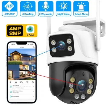 8-мегапиксельная IP-камера 4K PTZ WiFi для защиты безопасности, Двухобъективный цветной экран ночного видения, камера видеонаблюдения с автоматическим отслеживанием ICSEE APP