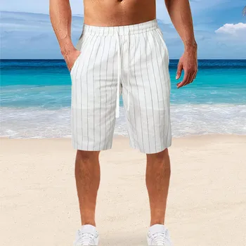 Европа и Америка Новые мужские пляжные шорты с эластичным поясом в вертикальную полоску из хлопка и конопли, повседневные шорты