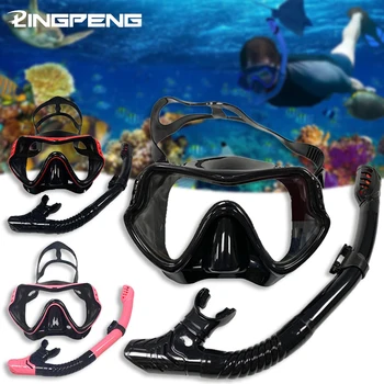 Защитные очки для плавания с широким обзором из закаленного стекла с защитой от запотевания и маской для носа, профессиональное снаряжение для подводного плавания с трубкой для взрослых