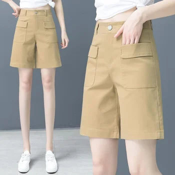 Хлопковые шорты Женские летние 2023 Свободные трапециевидные с высокой талией, широкие повседневные универсальные горячие брюки летние брюки женские шорты