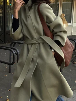 Пальто с длинным рукавом для женщин 2023, Новая мода, винтажное зимнее пальто с отложным воротником на шнуровке, повседневное Свободное длинное шерстяное пальто