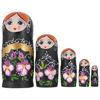 Черные куклы Матрешка Подарок на фестиваль Русского Гнездования Baby Black Flower Wooden Gan 12 ui