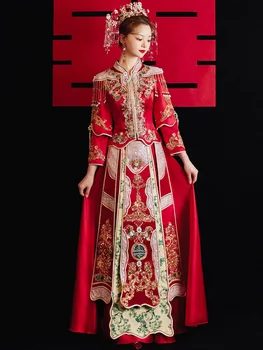 Традиционное Китайское Изысканное Свадебное платье с кисточками и вышивкой бисером в восточном стиле, Китайское платье для пары, одежда