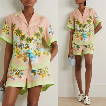 Комплекты из двух предметов, Летняя рубашка с отворотом и пуговицами в стиле бохо, пляжные шорты с принтом, костюмы для уличной одежды, Повседневная женская одежда
