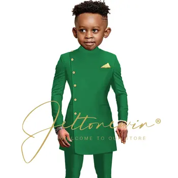 Модный зеленый костюм для мальчиков в африканском стиле, свадебный смокинг из 2 предметов, детская куртка, брюки, сшитый на заказ детский костюм от 2 до 16 лет