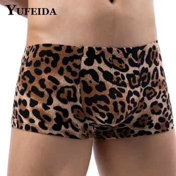 Мужские боксерские шорты YUFEIDA с леопардовым принтом, мужское сексуальное U-образное нижнее белье, Летние быстросохнущие трусики, мужские шорты для фитнеса, плавки