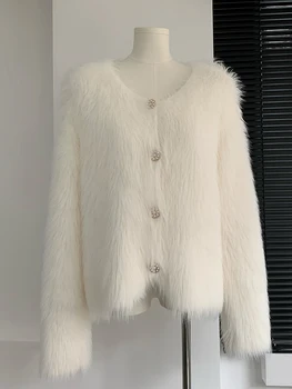 Осенне-зимнее флисовое шерстяное пальто, пушистая куртка, женская толстая теплая однобортная верхняя одежда из искусственного меха в стиле Харадзюку, Офисный женский шик
