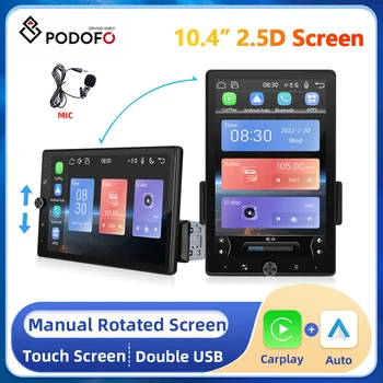 Podofo 1 Din Автомагнитола с ручным вращением 10,4-дюймовый автомобильный мультимедийный плеер с сенсорным экраном Carplay Android auto FM-радио USB / AUX