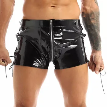 Мужские боксерские шорты из ПВХ с блестящей кожаной веревкой, повседневные узкие короткие брюки из искусственной кожи, Сексуальное нижнее белье с открытой промежностью на молнии Lederhosen