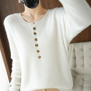 Осенне-зимняя женская новая одежда из 100% шерсти, вязаный пуловер с круглым вырезом и пуговицами, теплая текстурная блузка