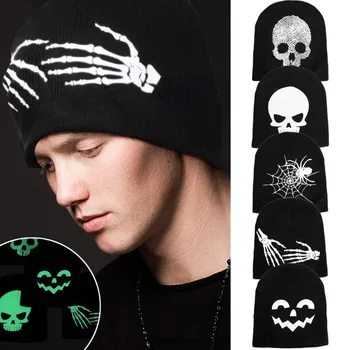 Новая светящаяся вязаная шапочка с черепом для мальчика на Хэллоуин, пуловер со скелетом паука, Вязаные хлопковые шапочки, устойчивые к холоду, Теплая зима