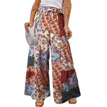 Повседневные дышащие пляжные брюки с принтом, женские широкие брюки с большим карманом, Свободные брюки с высокой талией В Африканском стиле
